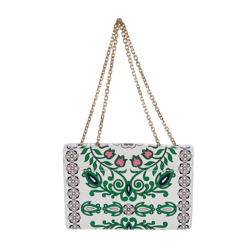 $625 Tory Burch White Garden Party Gemini Link Tri-Fold Leather Shoulder Bag